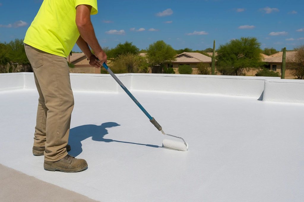 Roof coatings being applied to a flat roof in Glendale to protect against heat and sun damage